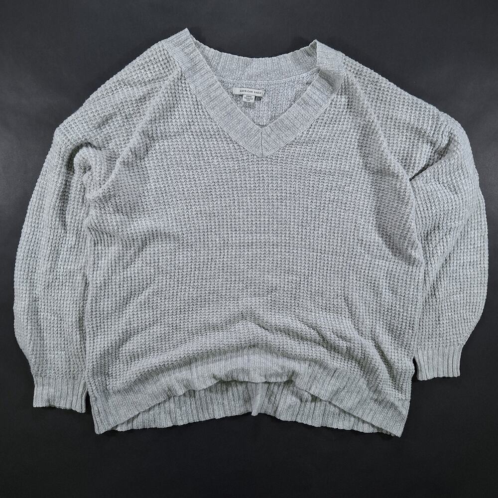 American Eagle Sweater Womens Medium Gray Waffle Knit Pullover V Neck Thermal